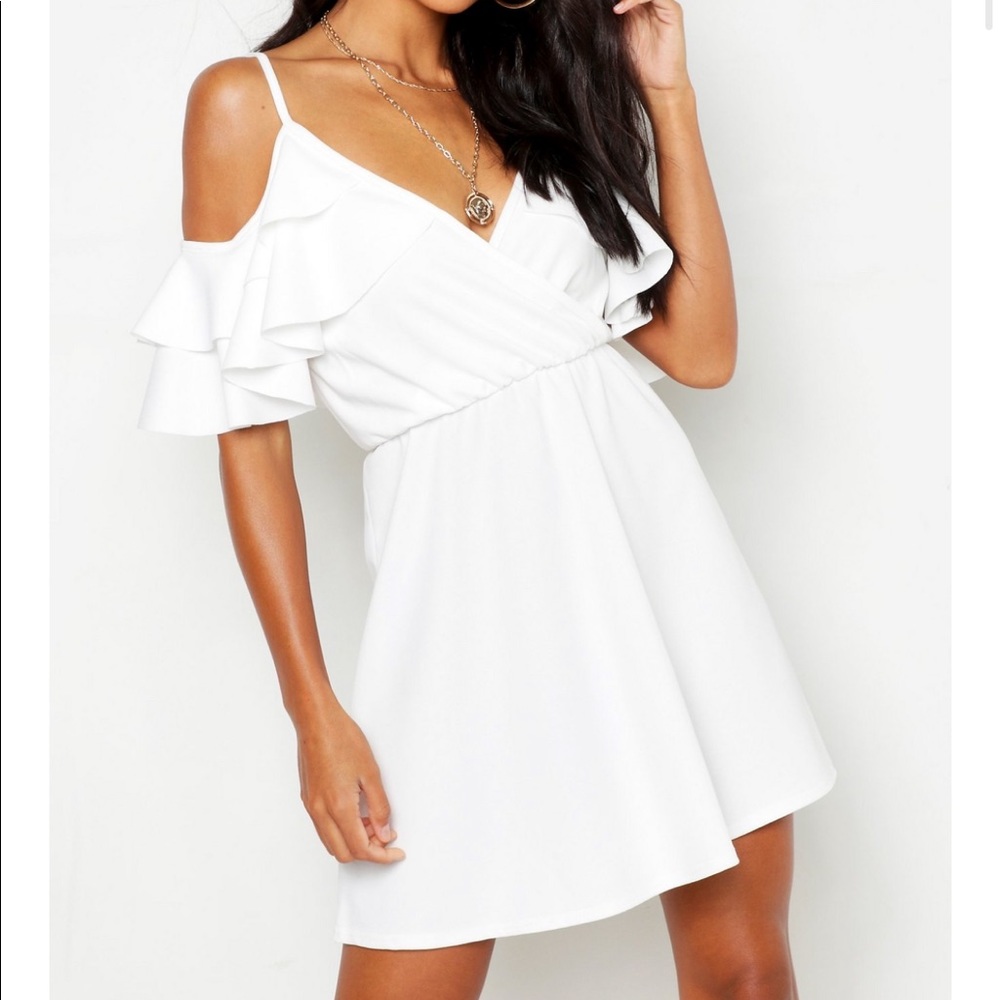 Coral Ruffle Cold Shoulder Skater Dress - Picture 2 of 4